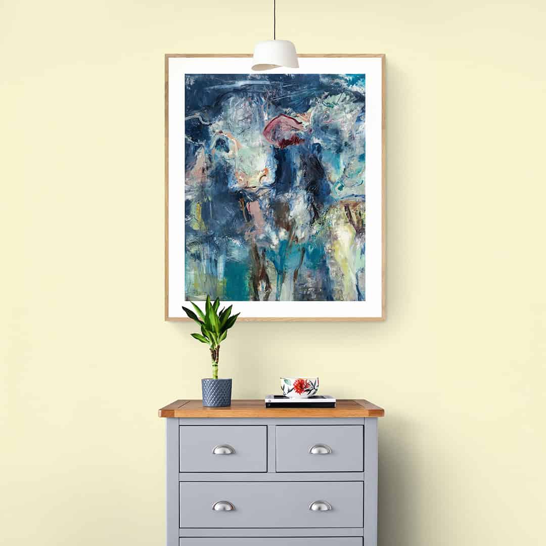 A Glimpse Into The Calf Shed painting hanging above a chest of drawers -- by Una O Grady Paintings