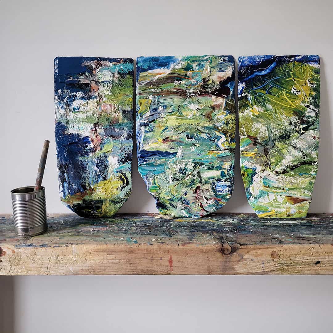Aran Island Memories on Slate mounted on shelf with paint pot -- Una O Grady Paintings
