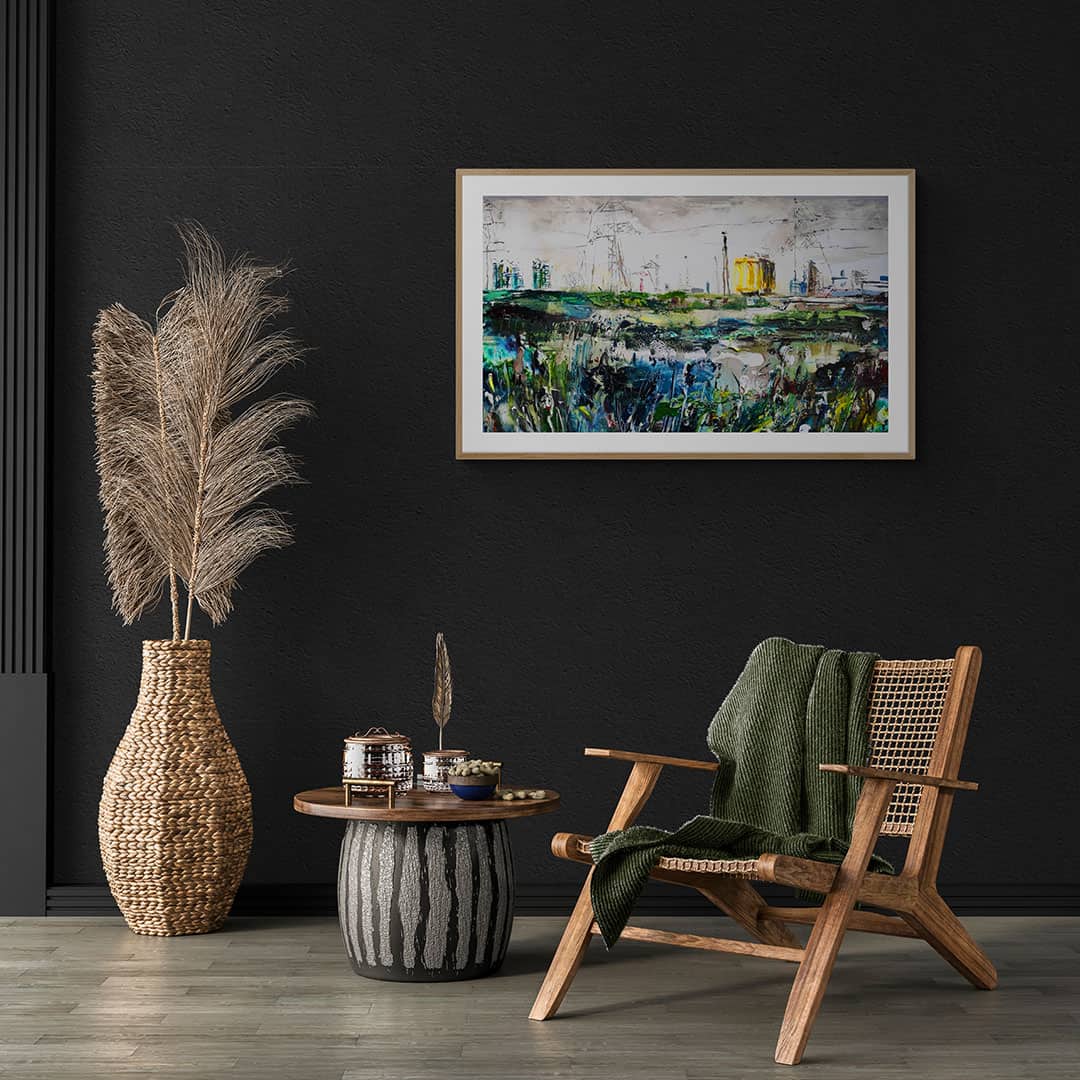 Broadway From Bog Meadows Painting hanging in room with wicker chair --Una O Grady Paintings