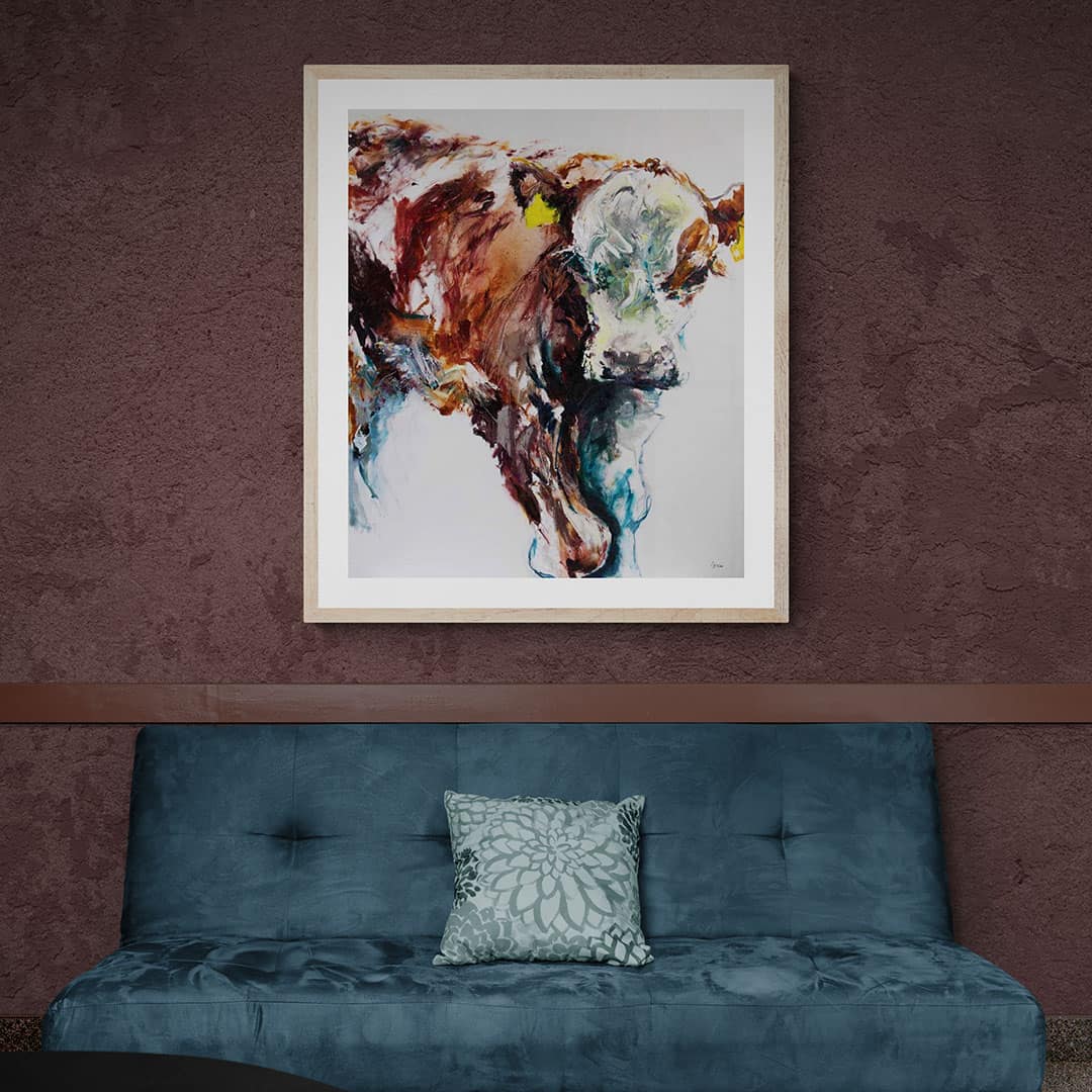 Bull Calf 2018 hanging above sofa -- Una O Grady Paintings