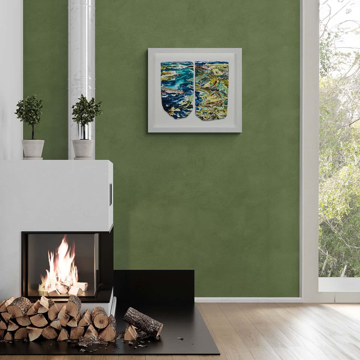 Donegal Terrain on Slate hanging in modern cosy living room with fire -- Una O Grady Paintings