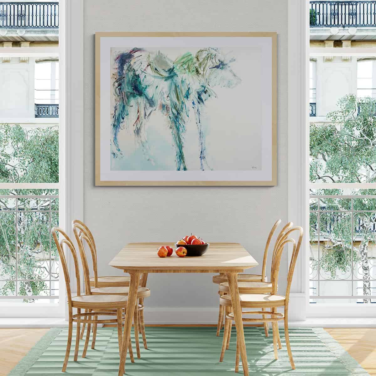 Lurcher painting hanging in apartment with window views -- Una O Grady Paintings