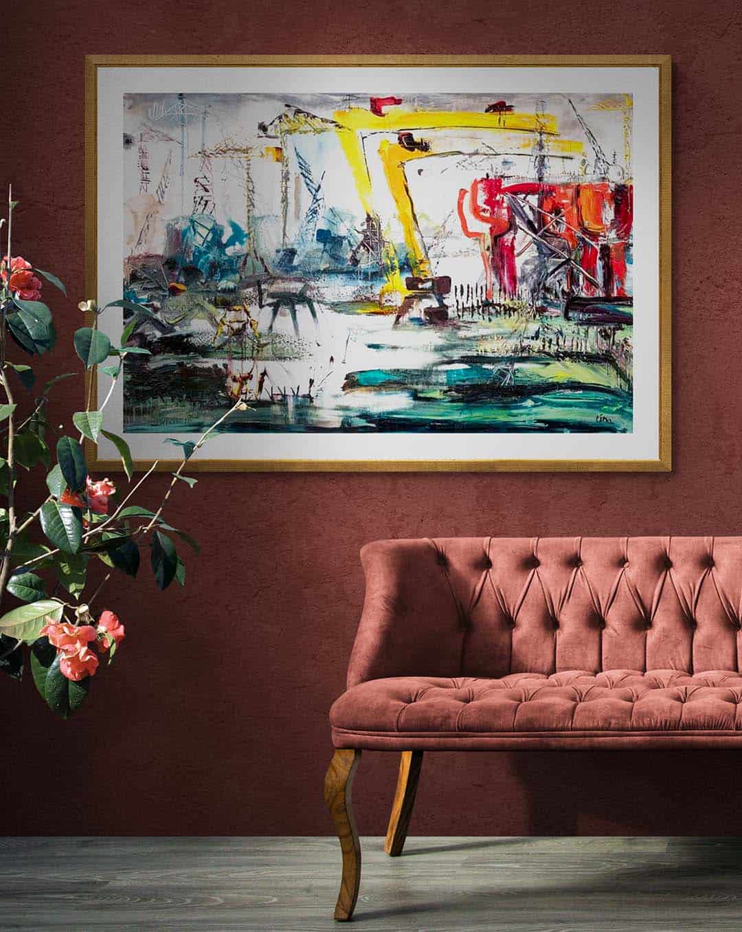 Oil Rig In The Docks painting hanging in stately living room -- Una O Grady Paintings