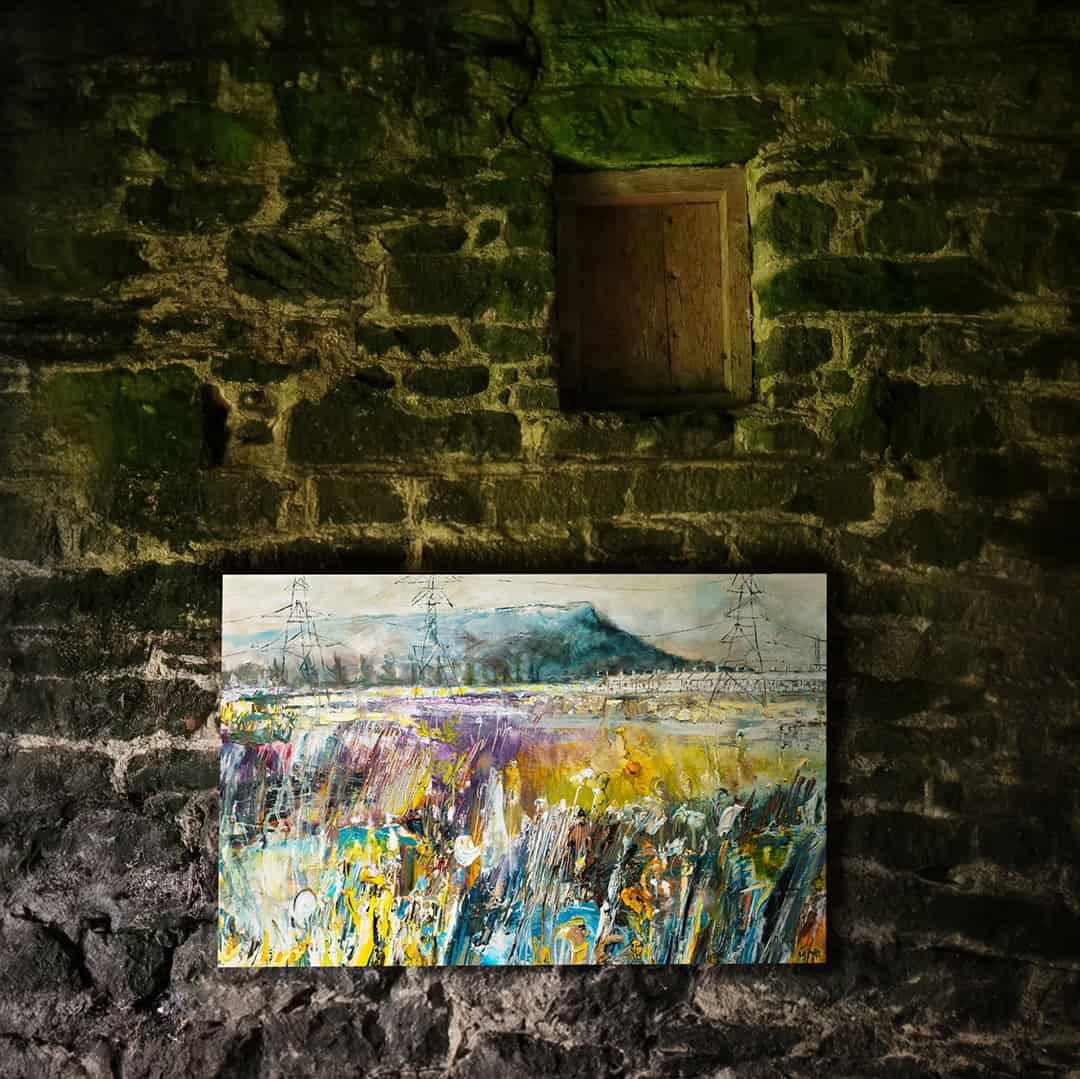 Painting of Towards Napoleons Nose from Bog Meadows hanging in barn -- Una O'Grady Paintings