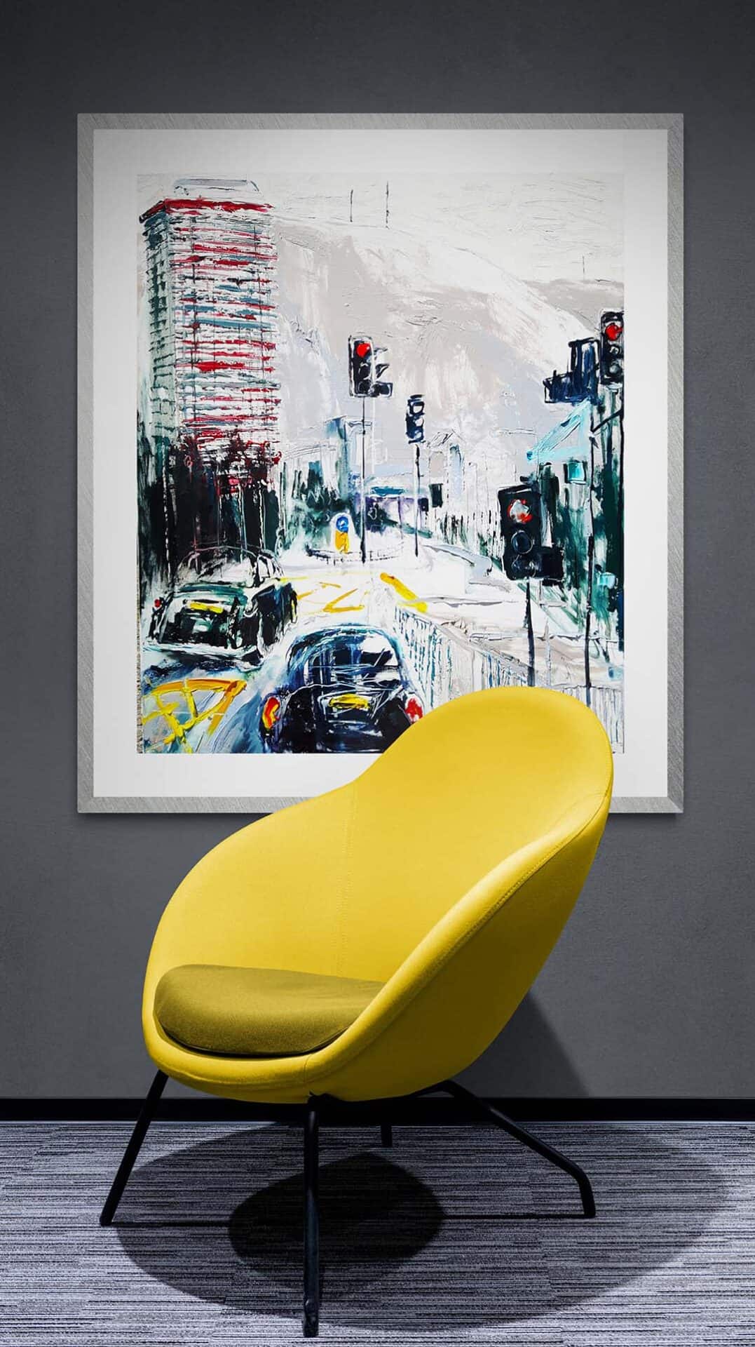 Taxi For Falls painting hanging on grey wall -- Una O Grady Paintings