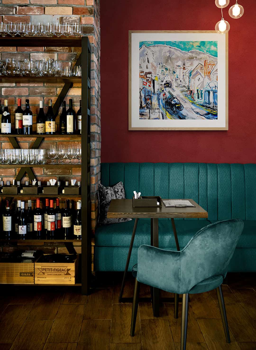 Up The Shankill painting hanging in cosy restaurant -- Una O Grady Paintings