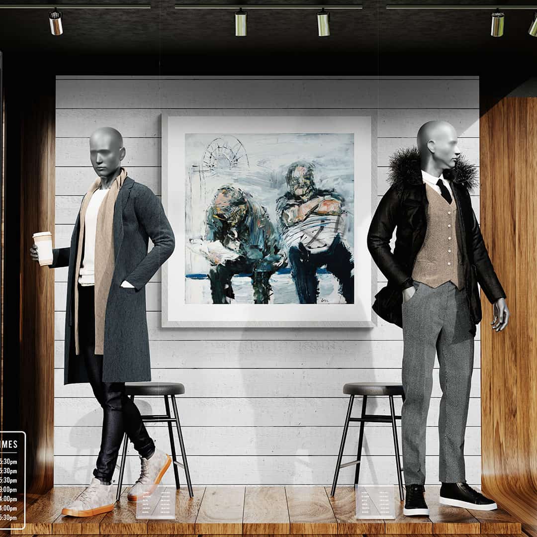 Waiting For The Wife painting hanging in shop window -- Una O Grady Paintings