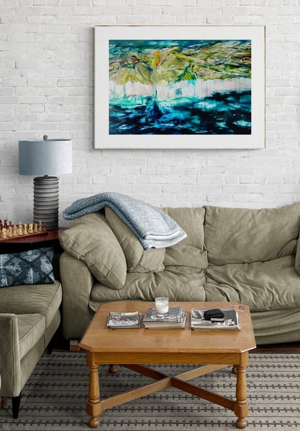 aran island tapestry hanging in living room -- una o grady paintings